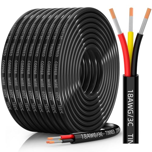 CONEPY 18 Gauge Wire 3 Conductor Electrical Wire 18 AWG Tinned Copper Stranded PVC Cable IP68 Waterproof/Flexible/Low Voltage Cord for Automotive Marine Solar LED Lighting (50FT)