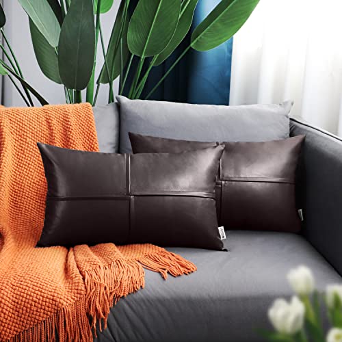 Image of BRAWARM Faux Leather Throw Pillow Covers 12 X 20 Inches, Brown Leather Lumbar Pillow Covers Pack of 2, Hand Stitched Leather Decorative Throw Pillows for Couch Sofa Bed Living Room Home Garden
