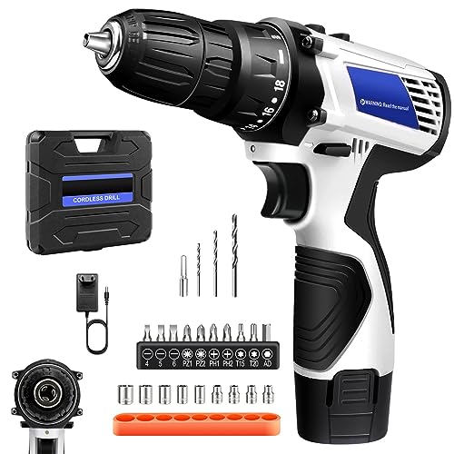 Weiß Akku-Bohrmaschine, Bohrmaschinen Set mit 23 Teiligem Zubehör, 2 Variable Drehzahlen, 3/8 Zoll Schlüsselloses Spannfutter, 18+1 Drehmomenteinstellung, mit 1500mAh-Akku und Werkzeugkoffer