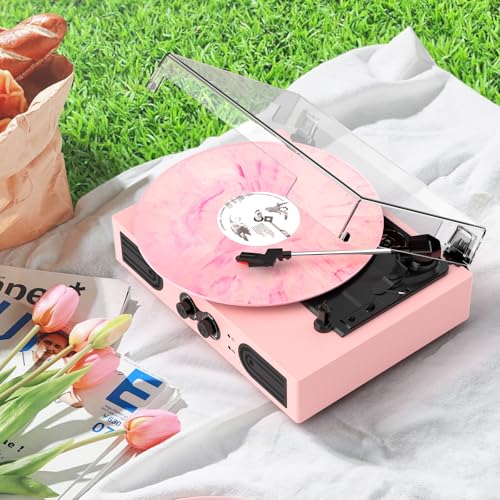 Image of Vinyl Record Player with Built-in Speakers 3-Speed Vintage Record Player Support Treble& Bass Control, 3.5mm Headphone Jack, RCA-Out /Aux in, Belt-Driven LP Turntable,Pink