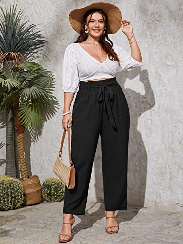 WDIRARA Women's Plus Size Paper Bag Waist Belted Casual Pants with Pockets4