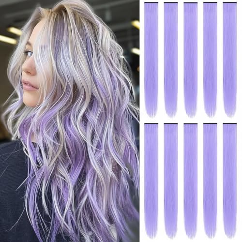 TOFAFA Purple Hair Extensions Clip In Synthetic Light Purple Hair 10 PCS