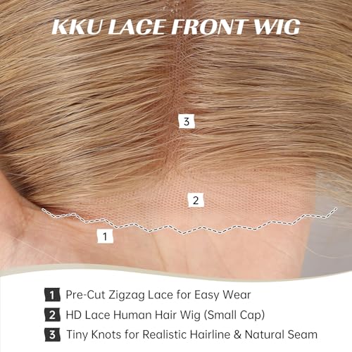 Image of KKU 5x5 Lace Front Human Hair Wig, Double Breathable Lace with Skin-Friendly Silk Base and Non-Slip Silicone Grips, Middle or Parted Natural Hairline Wigs for Women (16 Inch, Golden Blonde)