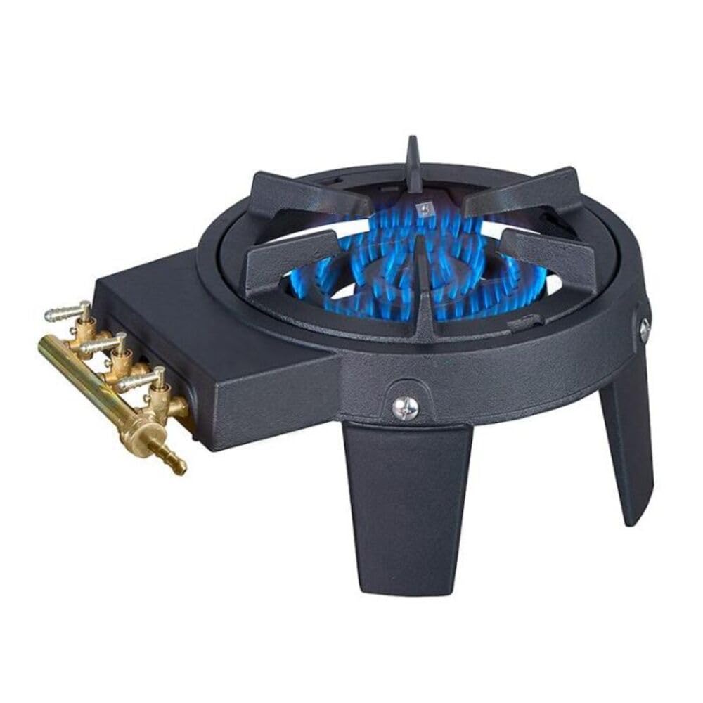 Réchaud à Gaz en Fonte Véritable 9kW Noir – 2 Brûleurs Puissants pour Grands Volumes – 3 Pieds Robustes, 3 Robinets en Laiton – Cuisson Extérieure Camping, Fête, Grosse Marmite, Alambic, Stérilisation