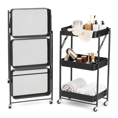 NTEK 3 Tiers Foldable Storage Trolley Cart | Kitchen utility carts | Foldable Rolling Carts | Trolley with Locking Wheels for Kitchen | Kitchen Storage Wagon | Storage Tower Holder Rack (Black)