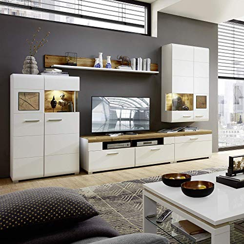 Stella Trading Fun Plus Wohnwand Komplett-Set mit schönen Hirnholz-Applikationen & Eiche Dekor - Moderne Schrankwand für Ihr Wohnzimmer - 320 x 205 x 47 cm (B/H/T)