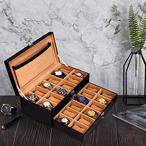 Image of Leather World 24 Slots Men Watch Box Drawer With Lock System Organizer Display Case Jewelery Storage Women - Black