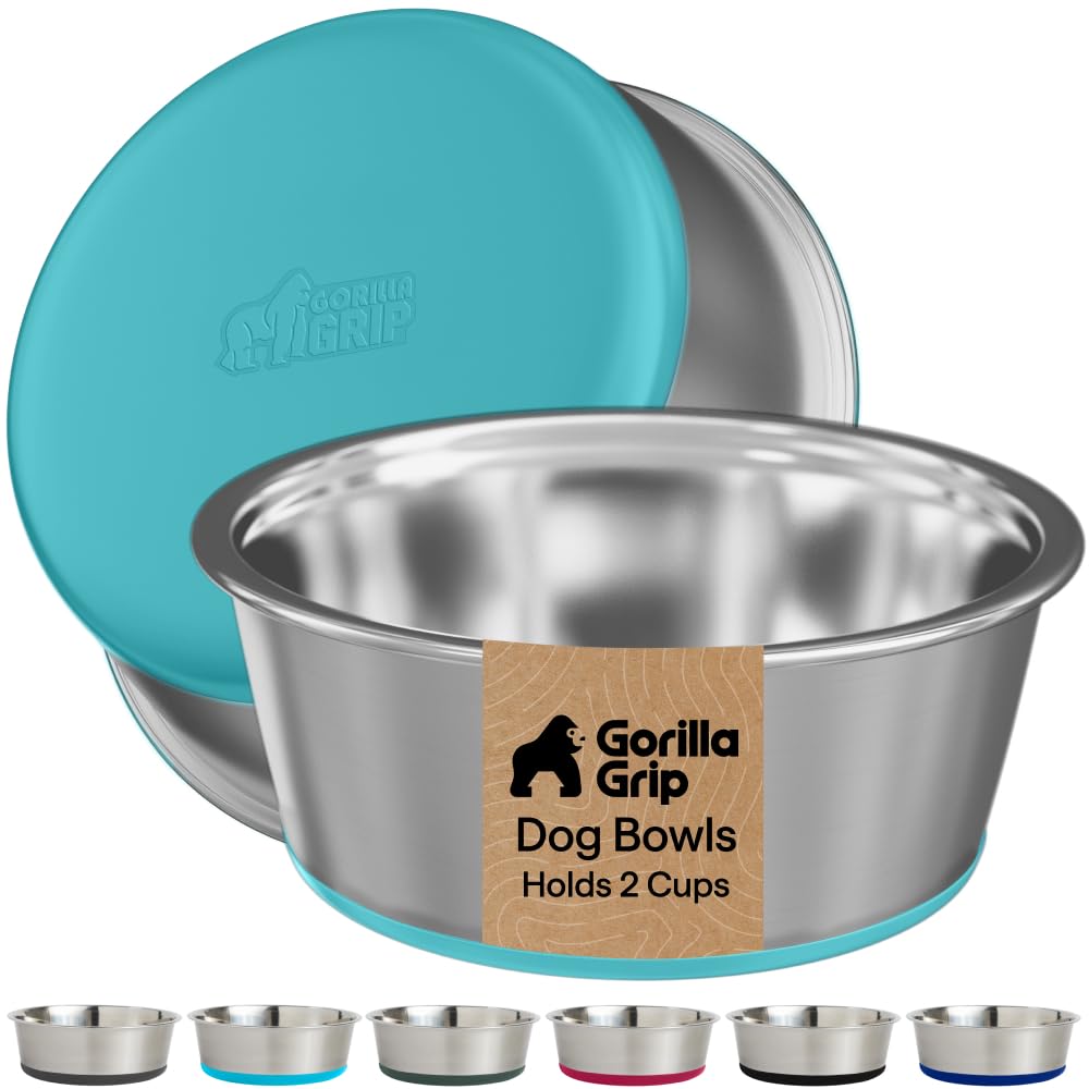 GORILLA GRIP Dog Bowls, Food Grade Stainless Steel, 2 Set, 2 Cup, Turquoise