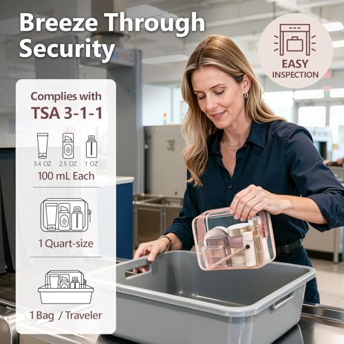 TSA Approved Toiletry Bag - Clear Makeup Bag 3 Pack Medium, Metal Smooth Zipper Quart Size Bag for 3-1-1 Liquids, Travel Makeup Bag for Women Men, Airport Airline Compliant Bag, Rose Pink - Image 3