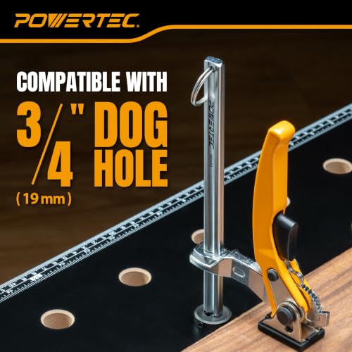 Image of POWERTEC Woodworking Bench Dog Clamps, 2 PK, for 3 /4 inch Dog Holes (72452-P2) | Quick-release ratchet, 6-5 /16 inch clamping capacity, non-marring pads, ideal for MFT workbenches, routing & sanding