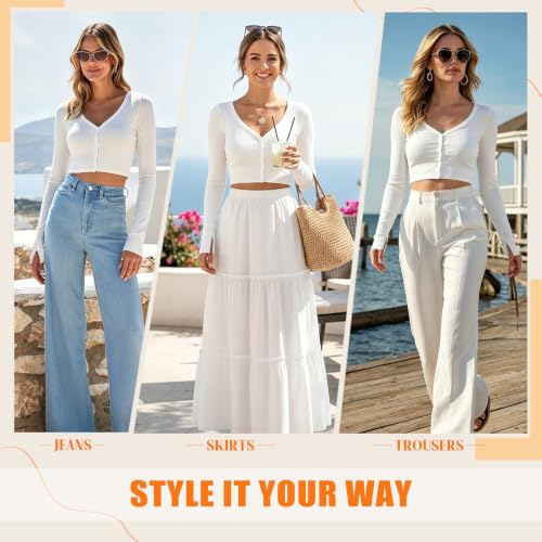 Image of Women's White Cropped Cardigan Long Sleeves Button Down Ribbed Crop Tops (Large)