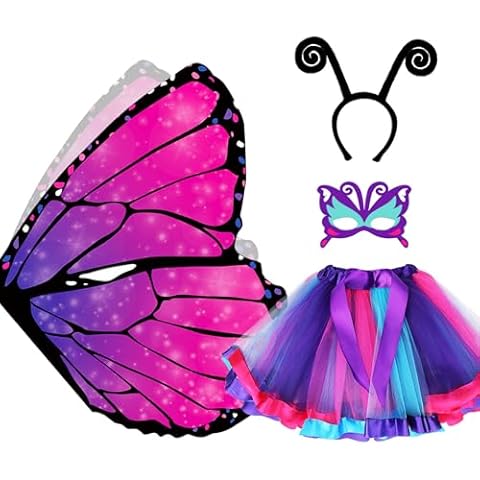D.Q.Z Fairy Butterfly-Wings Costumes for Girls Dress Up Clothes Rainbow Tutu Mask Headband Role Play Toys for Girl 3-8 Gift (Rose) Cover