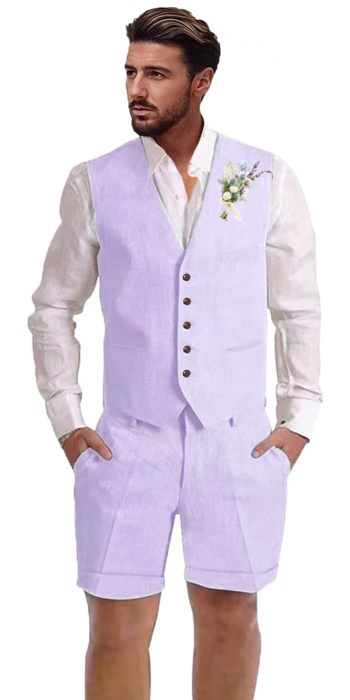 Photo 1 of Linen Suits for Men 2 Piece Summer Wedding Groomsmen Dress Lavender L