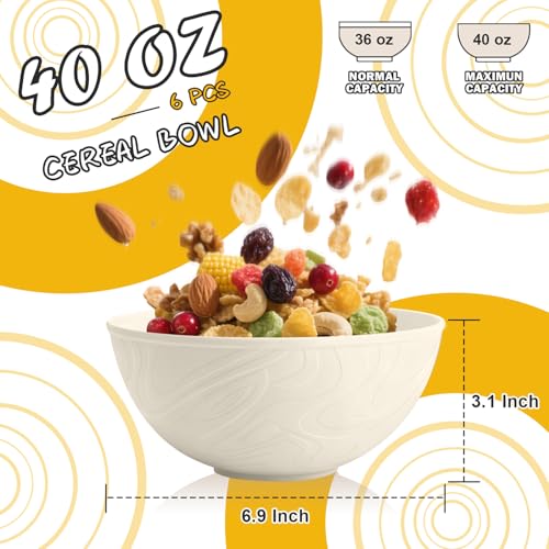 Image of Unbreakable Wheat Straw Kitchen Cereal Bowl 40 OZ, Microwave & Dishwasher Safe Bowls, Alternative Plastic Bowls for Kitchen, Outdoors, RV, Camping, Patio, Set of 6, Beige