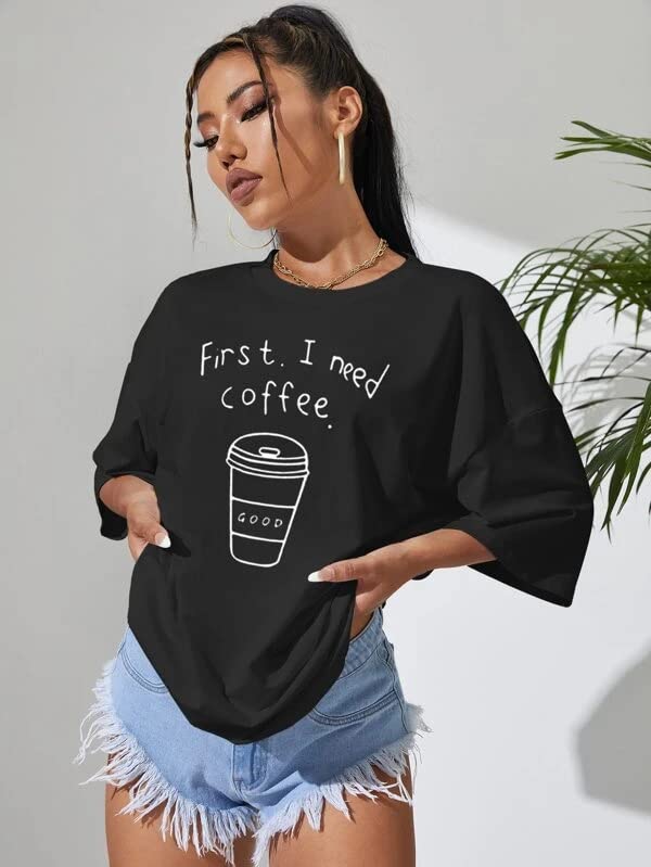 Image of MyTees Pure Cotton Oversized T Shirts for Women Casual Printed Baggy Oversized Round Neck Drop Shoulder Tshirt Black T-Shirt Size S to XL