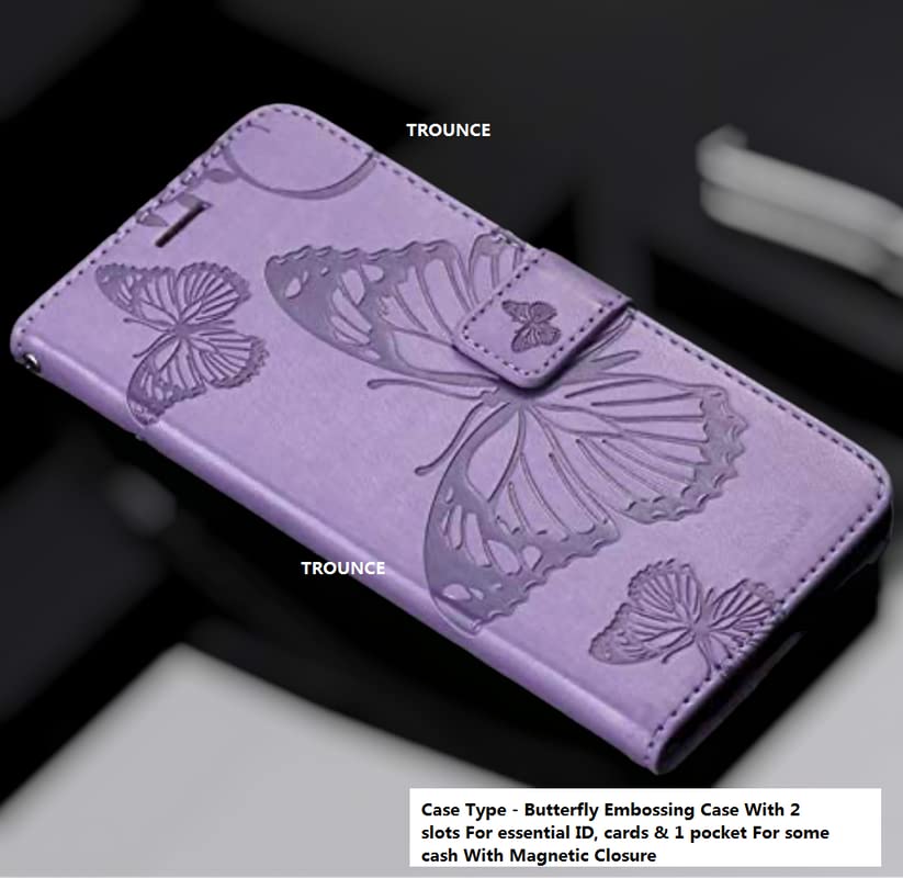 Image of TROUNCE Butterfly Embossing Shock Proof Flip Cover with Card Cash Holder Wallet Case & Magnetic Lock|Mobile Cover|Back Cover for Samsung Galaxy A54 5G- Purple