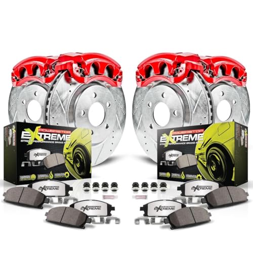 Image of PowerStop Front and Rear Brake & Caliper Kit for BMW 325xi 2001-05 - Drilled & Slotted Disc Rotors + Carbon-Fiber Ceramic Brake Pads + Red-Powder Coated Calipers, KC874-26