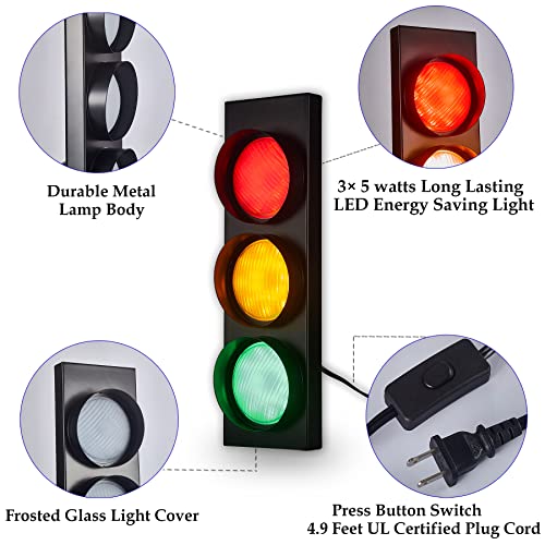 Image of Traffic Light Wall Lamp Remote Control Retro Kids Bedroom Stop Light, Plug in Industrial LED Wall Sconce, 18.5'' Vintage Fun Signal Lights for Home Office Bar Garage Car Room Decor Christmas
