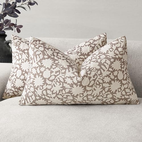 Image of Foindtower Set of 2 Decorative Neutral Floral Lumbar Throw Pillow Covers Accent Farmhouse Cushion Covers Boho Vintage Pillowcase for Couch Sofa Bedroom Living Room Home Decor,12x20 Inch,Tan