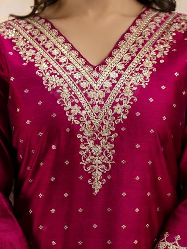 Image of VredeVogel Women's Chanderi Silk Embroidered Kurta with Pant & Organza Dupatta Set | Casual Outfit Ethnic Kurta Set for Women | Modern & Traditional Blend Ethnic Wear