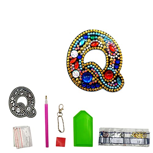MEDOYOH DIY Letters "Q" Diamond Painting Key Chains, Double-Sided Retro DIY Diamond Painting Kits Keychain