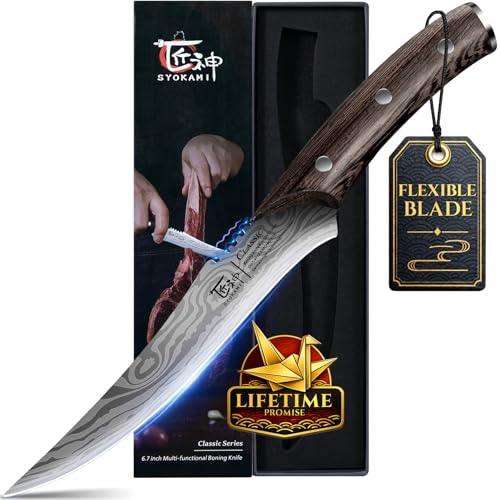 SYOKAMI Boning Knife for Meat Cutting, 6.7 Inch Fillet Knife with Wood Handle, High Carbon Razor Sharp Flexible Blade for Deboning, Trimming, Damascus Pattern Full Tang Design, House Warming Gifts
