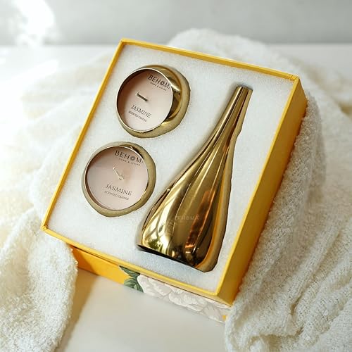 Image of BEHOMA Luxury Home Decor Combo Gift Set | Metal Scented Candle Set of 2 with Golden Decorative Flower Vase | Premium Table Decor for Living Room | Housewarming, Wedding & Festive Gift Set