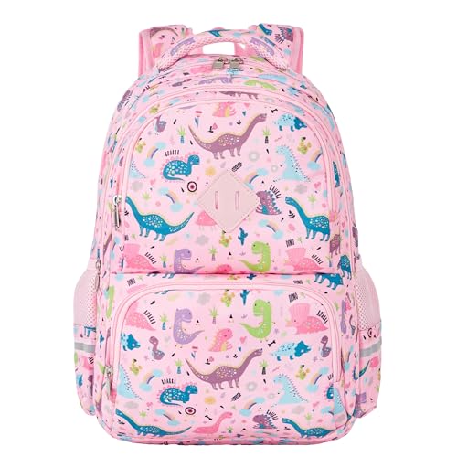 KingCheer Cute Kids Backpack for Girls and Boys Lightweight School Bag for Preschool Primary Teenage & Elementary Students Bookbag for Kids Aged 6-12(17inch Pink Dinosaur Upgrade)