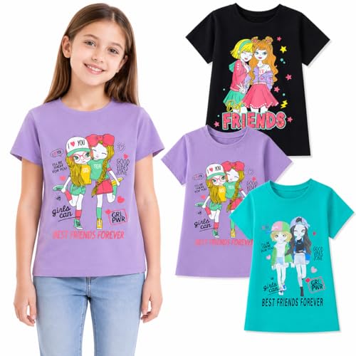 Image of HILEELANG Girl Short Sleeve Tee Shirts Cotton Casual Summer Graphic Tops T-Shirts Multipack