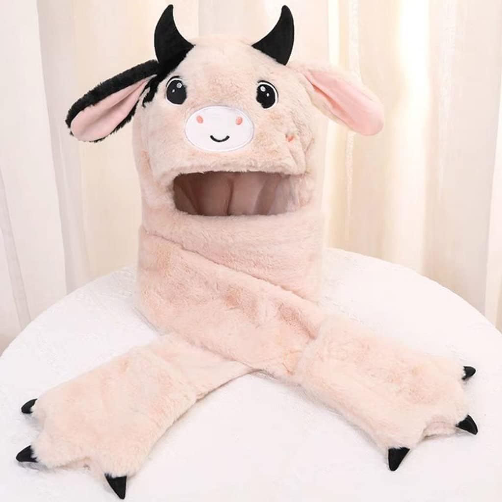 Scarf,Cow Plush Hat Scarf Gloves Mitten Ear for Beanie Hat in Cold Weather Coldproof for Winter Daily Wear Go to Scarf(Apricot)