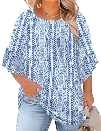 Image of Micoson Womens Plus Size Tops 3 /4 Ruffle Sleeve Crewneck Pleated Shirts