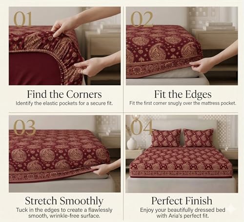 Image of VAS COLLECTIONS 180 TC Cotton Fitted Bedsheet Double Bed (72x78+8 Inches) with 2 Pillow Covers - Soft Breathable Skin Friendly Jaipuri Printed Elastic Fitted Bed Sheet, Wine