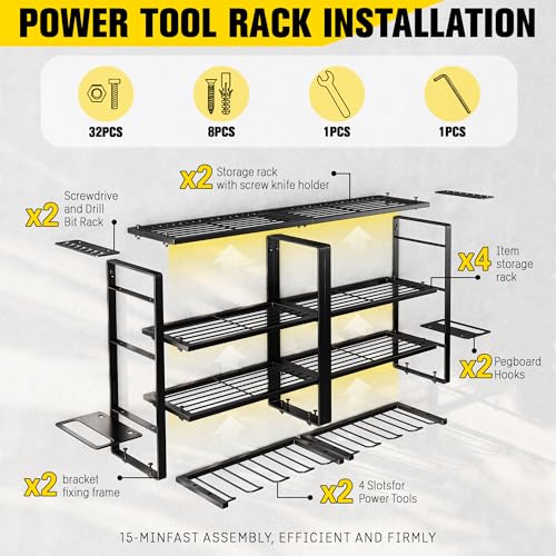 Image of Hipidian Power Tool Organizer Wall Mount - Storage Rack with 4 Drill Holders for Drills Cordless Tools. Heavy Duty Iron Garage Tool Organizer Storage for Workshop Shed (4 Slots 4 Layers 2 Pcs)
