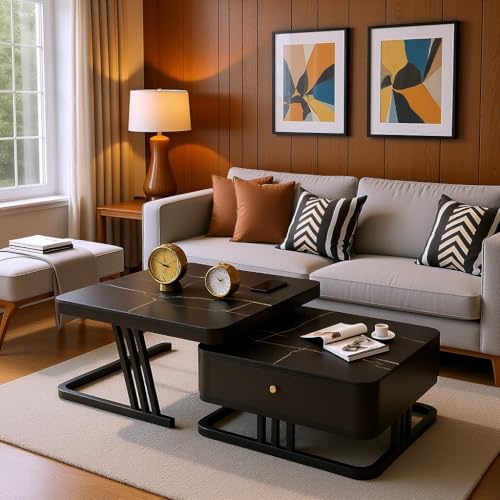 Image of RIZIK Stores Iron Frame Handmade Drawer Square Coffee Table /Nesting Table /Side Table /Center Table with Engineered Wood Top for Living Room /Drawing Room /Balcony (Black, 24 inchx24 inch)