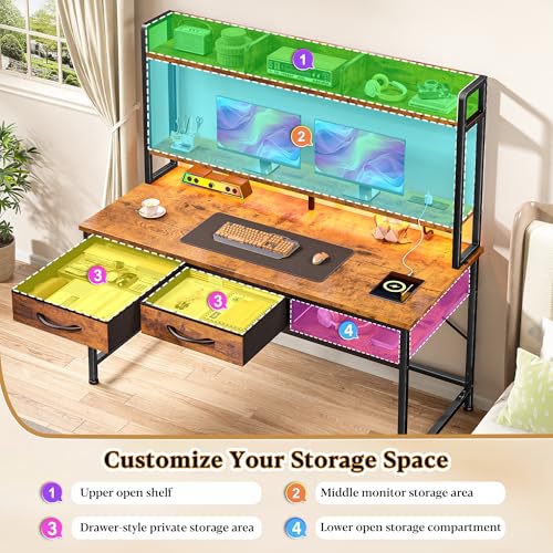 Image of DurayLoly 47.2 inch Computer Desk with Hutch& Drawers,Desk for Bedroom | Eye-protective Soft LED Teen Study Desk Built-in USB Port for Desk Lamps Monitor Stand, Protect Neck & Spine