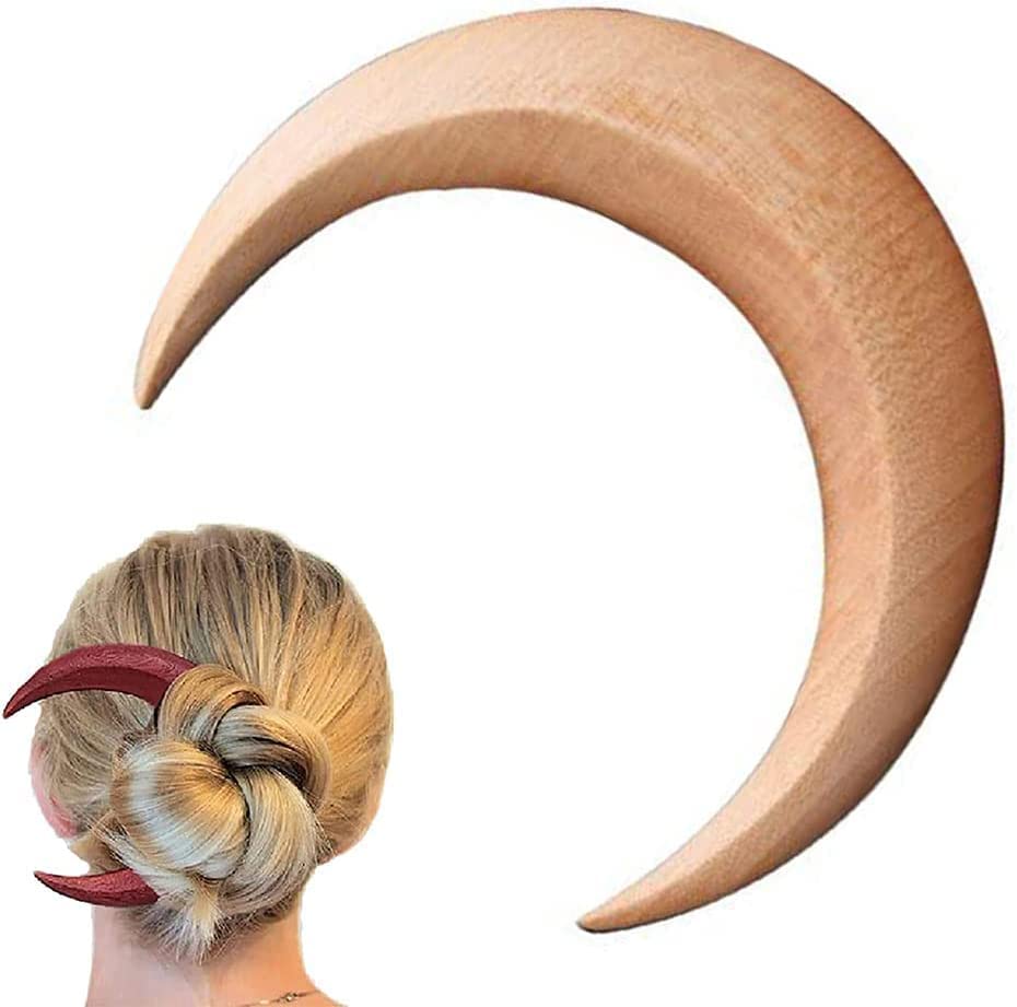Hand Carved Half Moon Hair Fork, Wooden Crescent Moon Hair Clip
