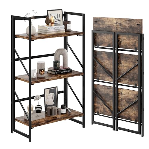 Image of JSB No Assembly Folding Bookshelf, 3 Tier Industrial Metal Book Shelf for Storage, Vintage Wood Foldable Bookcase for Living Room, Bedroom, Office Organization Shelves