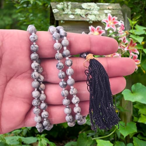 Image of Apnisanskriti Premium Map Stone Mala for Men and Women (6mm, AAA Quality, Lab Certified, 108+1) - Natural Stone Beads Mala - Jasper Mala Grey, White & Black Patches Colour - Pack of 1