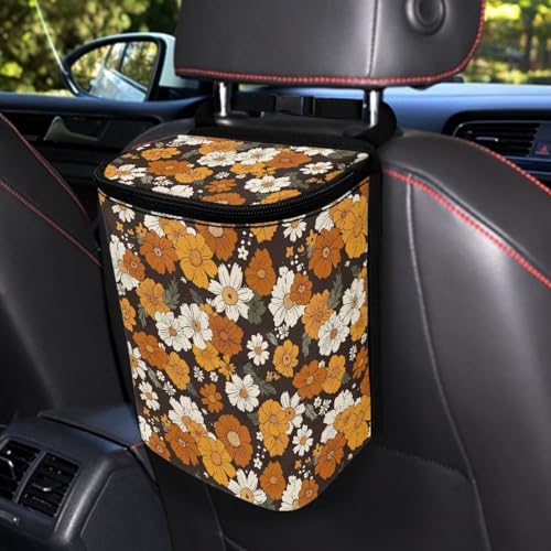 Image of Retro Sunflower Daisy Flower Car Trash Can Hanging Mini Auto Garbage Bin with Lid Washable Leak Proof Automotive Car Rubbish Bags for Back Front Seat,Cottagecore Car Interior Accessory