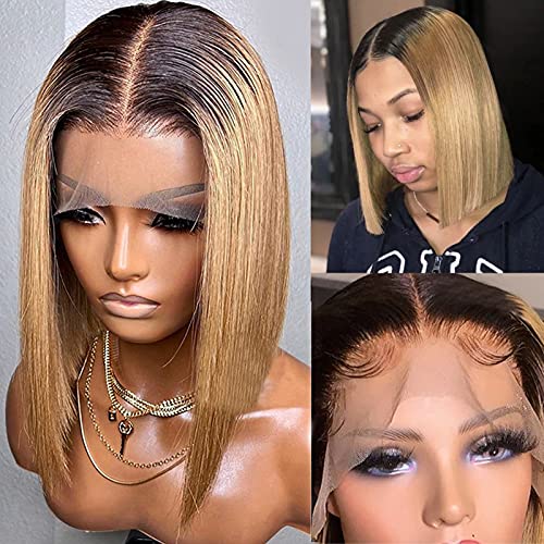 1B/27 Ombre Color Lace Front Bob Wigs T Part Honey Blonde Straight Human Hair Wigs with Dark Roots Pre Plucked 150% Density Real Hair Ombre Blonde Bob Lace Wig 16 Inch