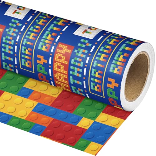Vnaaem Reversible Building Blocks Wrapping Paper Roll for Boys Girls - Colorful Pixel Brick Brithday Design Gift Wrap for Holiday Birthday Party (Total 28.5 sq.ft)