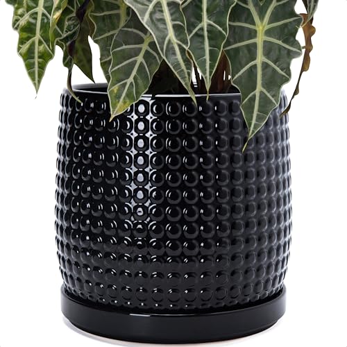 Pot de fleurs en céramique noir avec drainage et soucoupe 25,4 cm - 2
