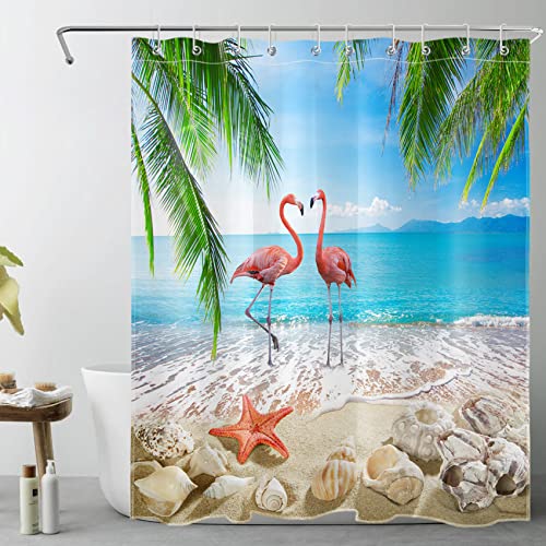 Aueea YL28794-150-V Summer Ocean Beach Shower Curtain For Bathroom Funny Pink Flamingo And Starfish With Seashell Coastal Bathroom Shower Curtains With Hooks, Tropical Palm Leaf Bathroom Curtains Shower Set 60X72 Inch cover