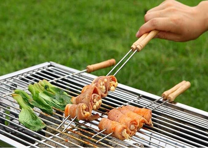 Image of Bbq Skewer Set BBQ Grill Skewer Stainless Steel Barbeque Skewers Set for home Wooden Handle Reusable Electric Barbeque Grill Tool For Indoor Outdoor BBQ Stick bbq skewers wooden (14 Pcs)