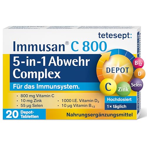 tetesept Immusan C 800 5-in-1 Depot Complex – 1 x 90 Tabletten (3 Monatspackung) – für das Immunsystem – Nahrungsergänzungsmittel mit Vitamin C, D, B12, Zink und Selen