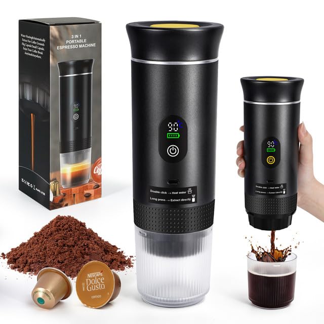 SOPPY Espressomaschine Kapselmaschine Camping Kaffeemaschine Selbsterhitzung Mini Kaffeemaschine tragbar Selbsterhitzung Espressomaschine für gemahlenem Kaffee& Kaffeekapseln, Schwarz