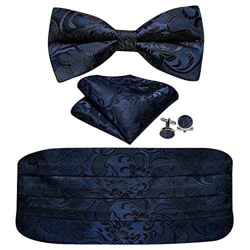 YOHOWA Mens Cummerbund Bow Tie Set, Silk Paisley Cummerbund Pretied Bowtie Hanky Cufflinks for Party Wedding, Dark Blue Black, One Size