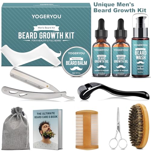 Beard-KitBeard-Grooming-Kit-WStraight-Razor2-PACK-Beard-OilBeard-WashBalmBrushCombScissors-Mens-Birthday-Christmas-Gifts-for-Men-Boyfriend-Husband-Beard-Shaping-Shaving-Kit