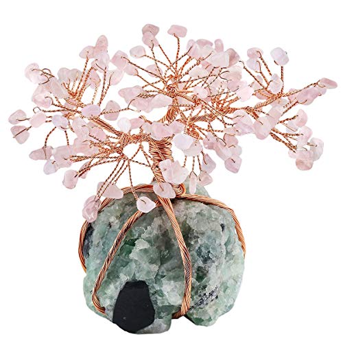 Sunyik Natural Rose Quartz Money Tree Wrapped On Fluorite Cluster Base Bonsai Sculpture Figurine 3.5 Inches #TOP1