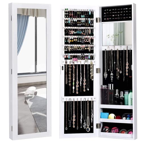 OFFICEJOY Armario de joyería montado en la pared/puerta con espejo de longitud completa y espejo interior, organizador de joyería colgante de madera con espejo de maquillaje, 3 estantes, 25 ganchos
